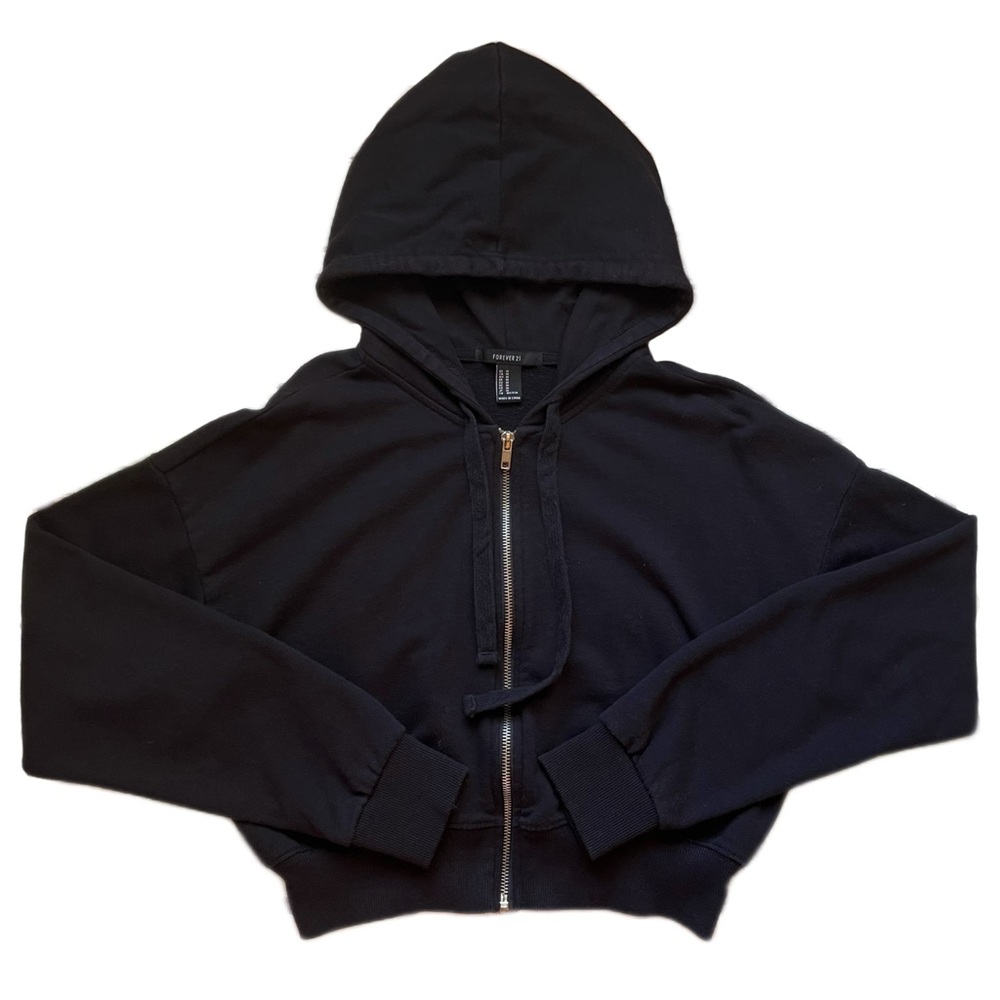 Forever 21 Women’s Black Cropped Long Sleeve Zip Up Hooded Sweatshirt Hoodie M